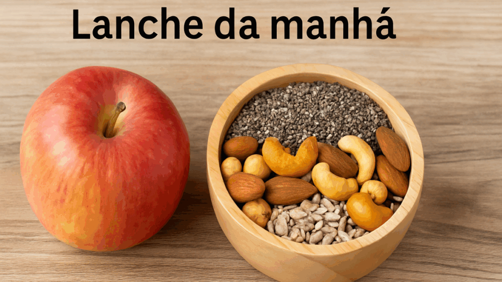Maçã vermelha ao lado de tigela com mix de castanhas e sementes de chia sobre mesa de madeira clara.