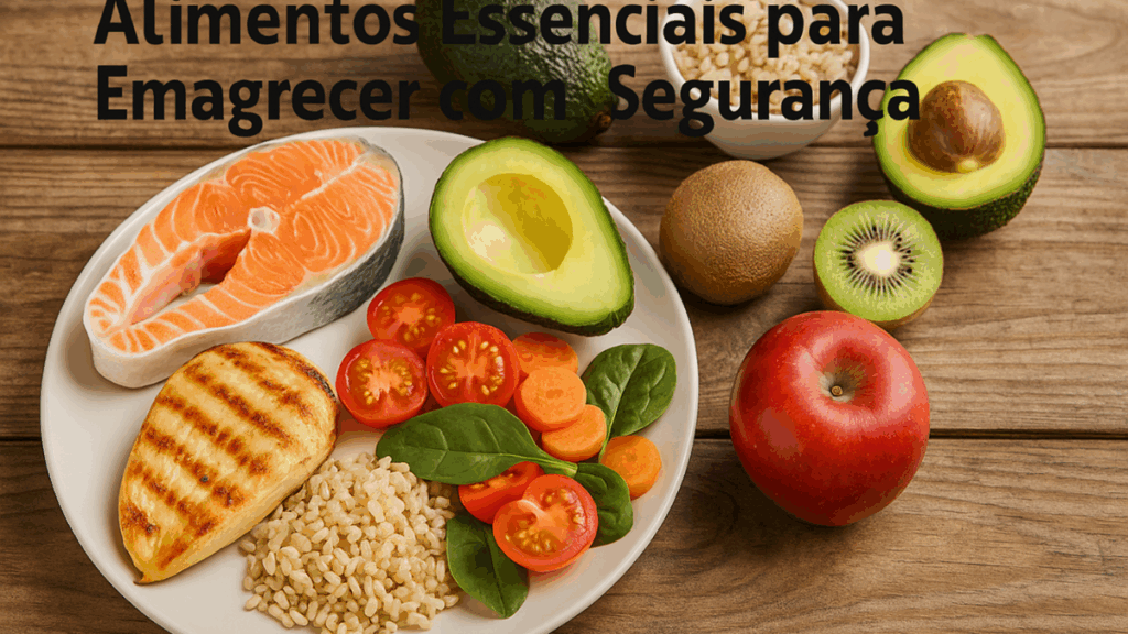  Prato saudável com salmão, frango grelhado, abacate, tomate, espinafre, cenoura, arroz integral e frutas variadas sobre mesa de madeira.