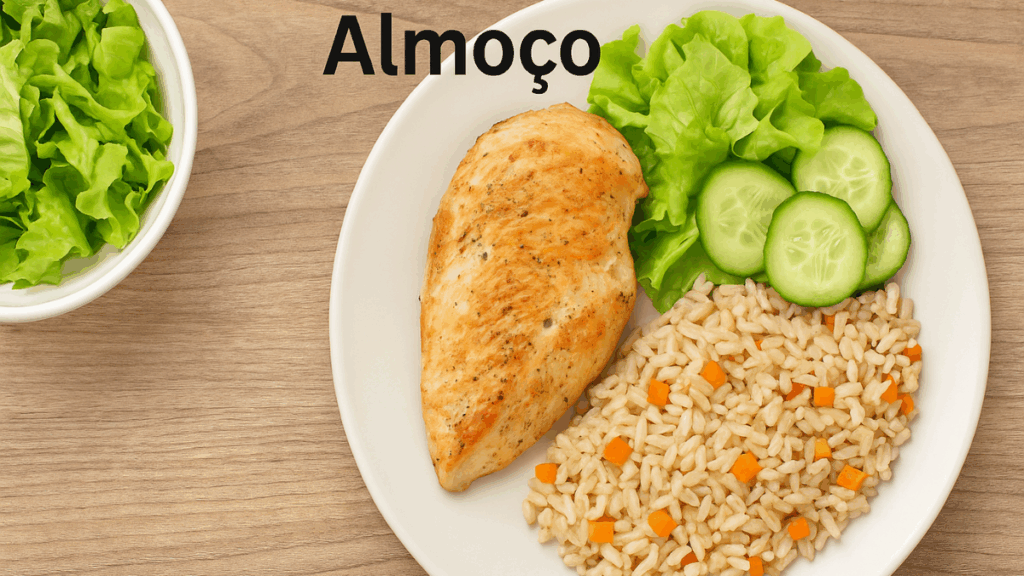Prato com filé de frango grelhado, arroz integral com cenoura e salada de alface com pepino, servido sobre mesa de madeira clara.