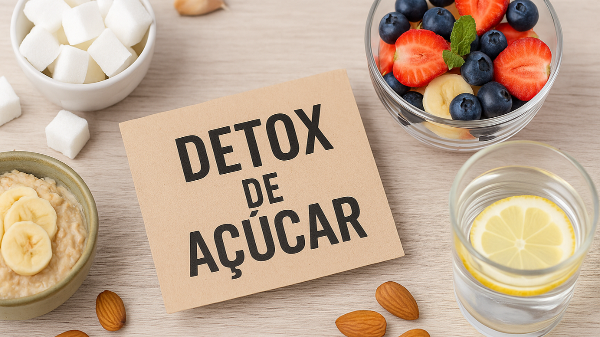 Plano de fundo com frutas, aveia, cubos de açúcar e cartão escrito "Detox de Açúcar" em destaque.