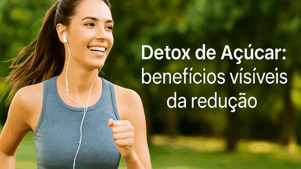 Mulher sorridente correndo ao ar livre, representando os benefícios visíveis do detox de açúcar.