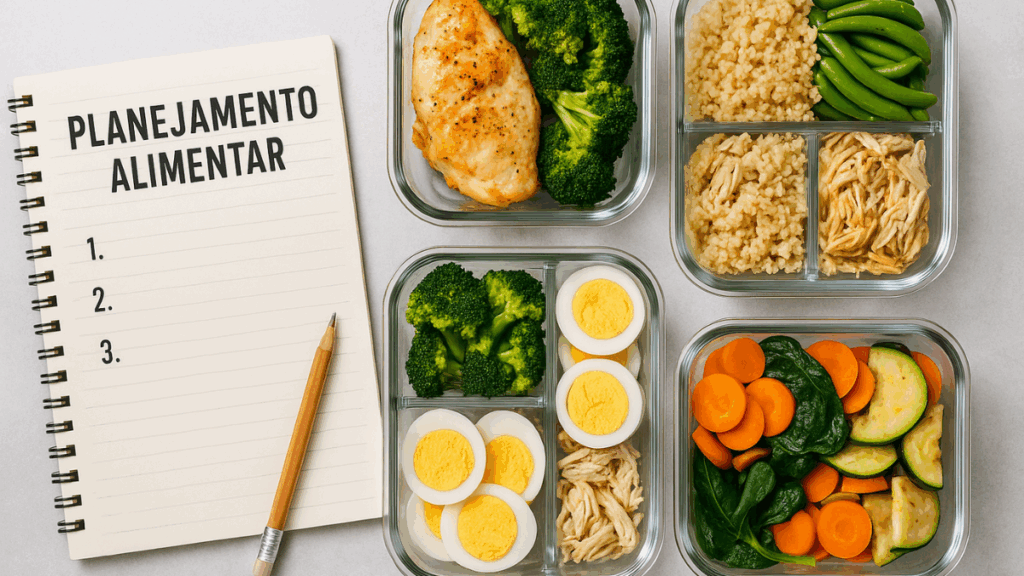 Marmitas saudáveis com proteínas e vegetais ao lado de um caderno escrito “Planejamento Alimentar”.