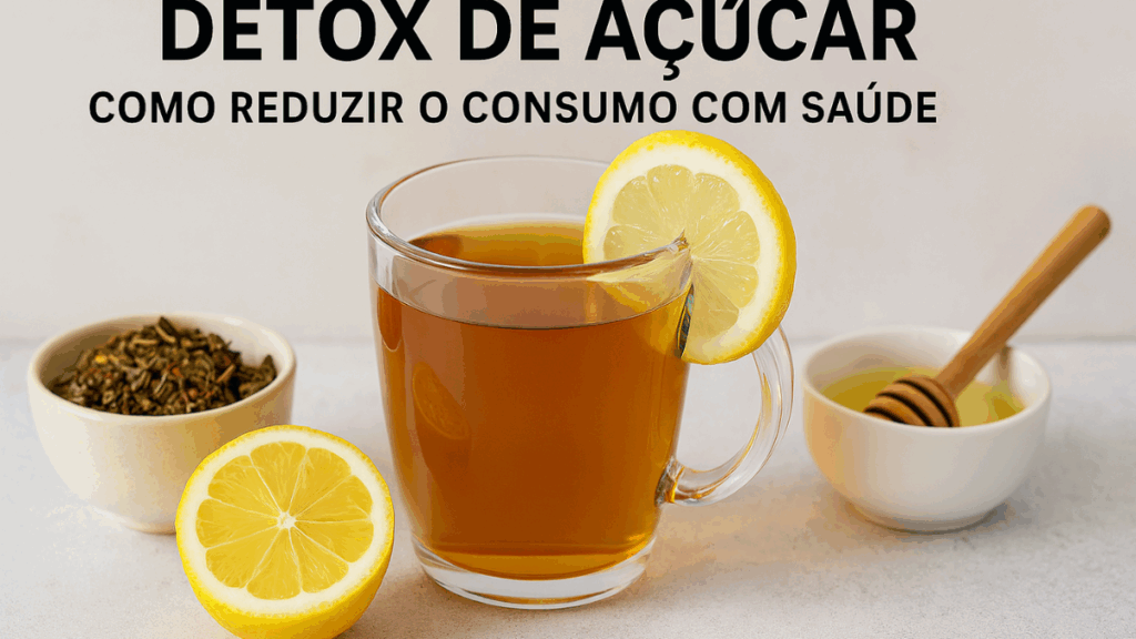Mulher sorridente segurando um copo de água com limão em uma cozinha clara e moderna.