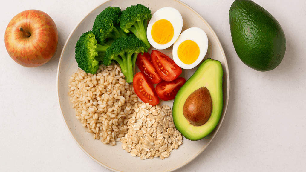 Prato com arroz integral, brócolis, ovos cozidos, tomate, abacate e aveia, acompanhado de maçã e abacate inteiros ao redor.