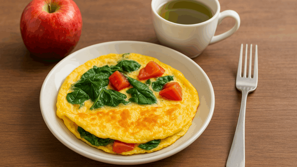 Omelete com espinafre e tomate servido em prato branco, acompanhado de chá verde em xícara e maçã sobre mesa de madeira.