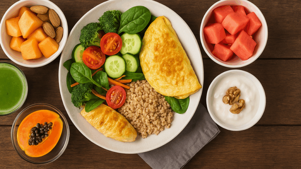 Prato com omelete, salada de vegetais frescos, grãos integrais, iogurte, frutas e suco detox sobre mesa de madeira.