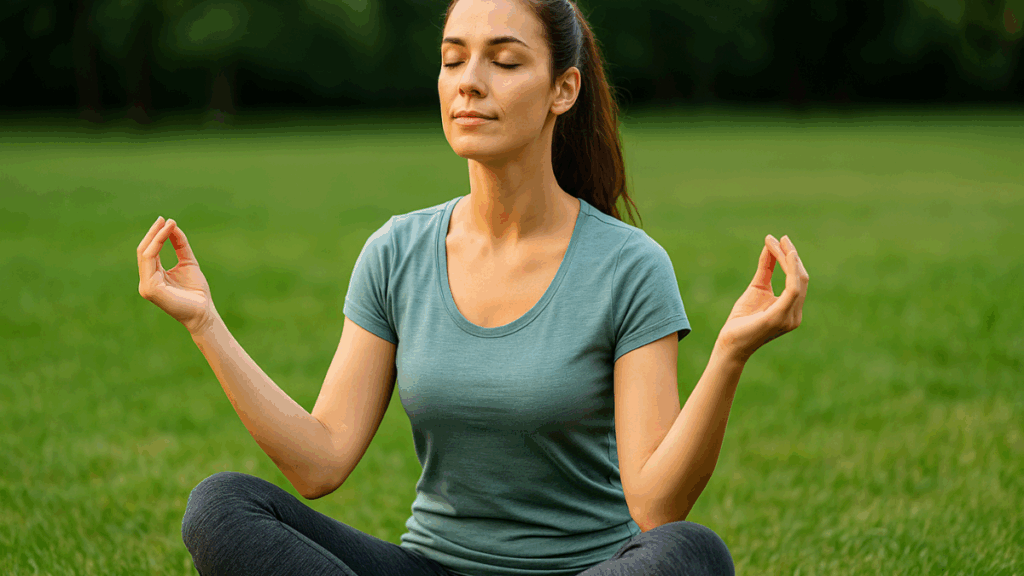Mulher em posição de lótus, meditando ao ar livre, com expressão de calma e serenidade, representando o controle do estresse.