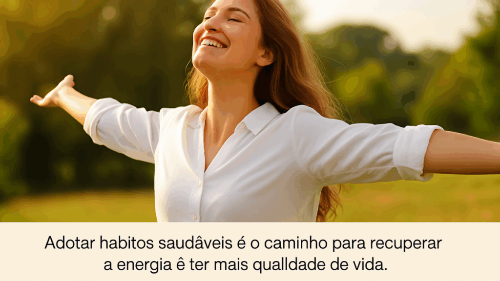 Mulher de braços abertos ao ar livre, sorrindo com os olhos fechados, simbolizando vitalidade e bem-estar após superar o cansaço.