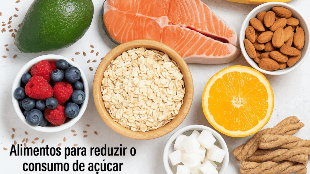  Alimentos saudáveis como salmão, aveia, frutas e sementes para auxiliar na redução do açúcar.