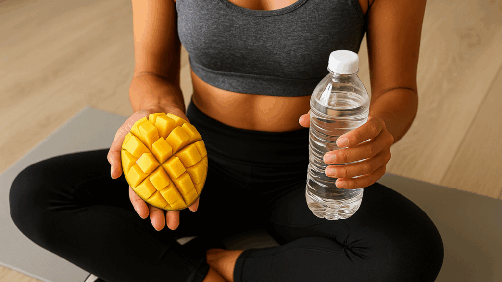 Mulher sentada em tapete de yoga segurando uma manga fatiada e uma garrafa de água, sugerindo uma rotina de saúde e alimentação balanceada.