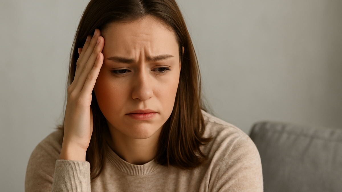 Mulher com expressão preocupada representando os riscos emocionais das dietas restritivas.
