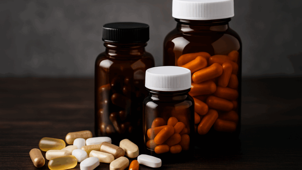  Frascos de suplementos e comprimidos representando os riscos das dietas restritivas relacionados à suplementação.