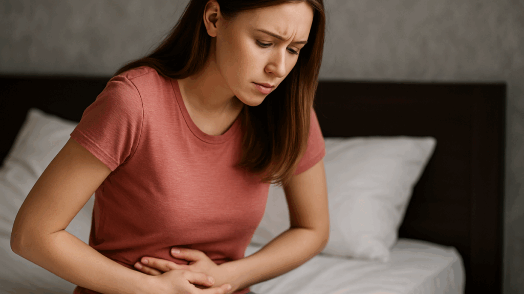 Mulher com as mãos no abdômen, expressando desconforto ligado a alterações hormonais.