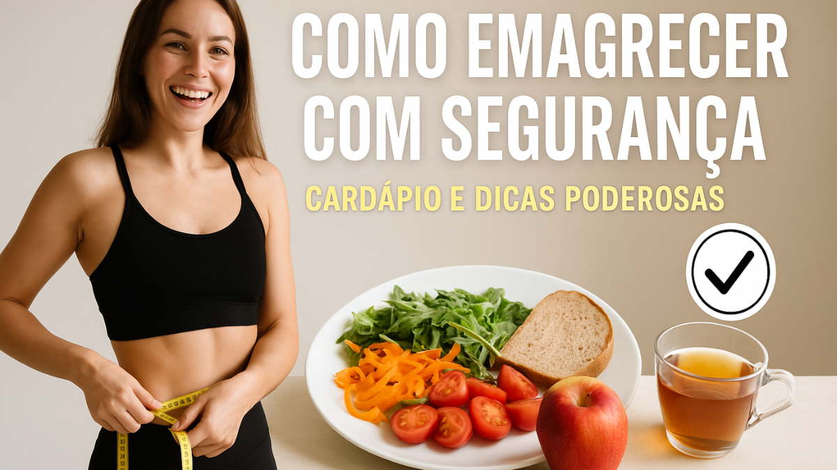 Fotografia estilo capa de revista com mulher sorridente medindo a cintura ao lado de prato saudável com salada, pão integral, tomate, maçã e chá. Texto: "Como Emagrecer com Segurança – Cardápio e Dicas Poderosas".