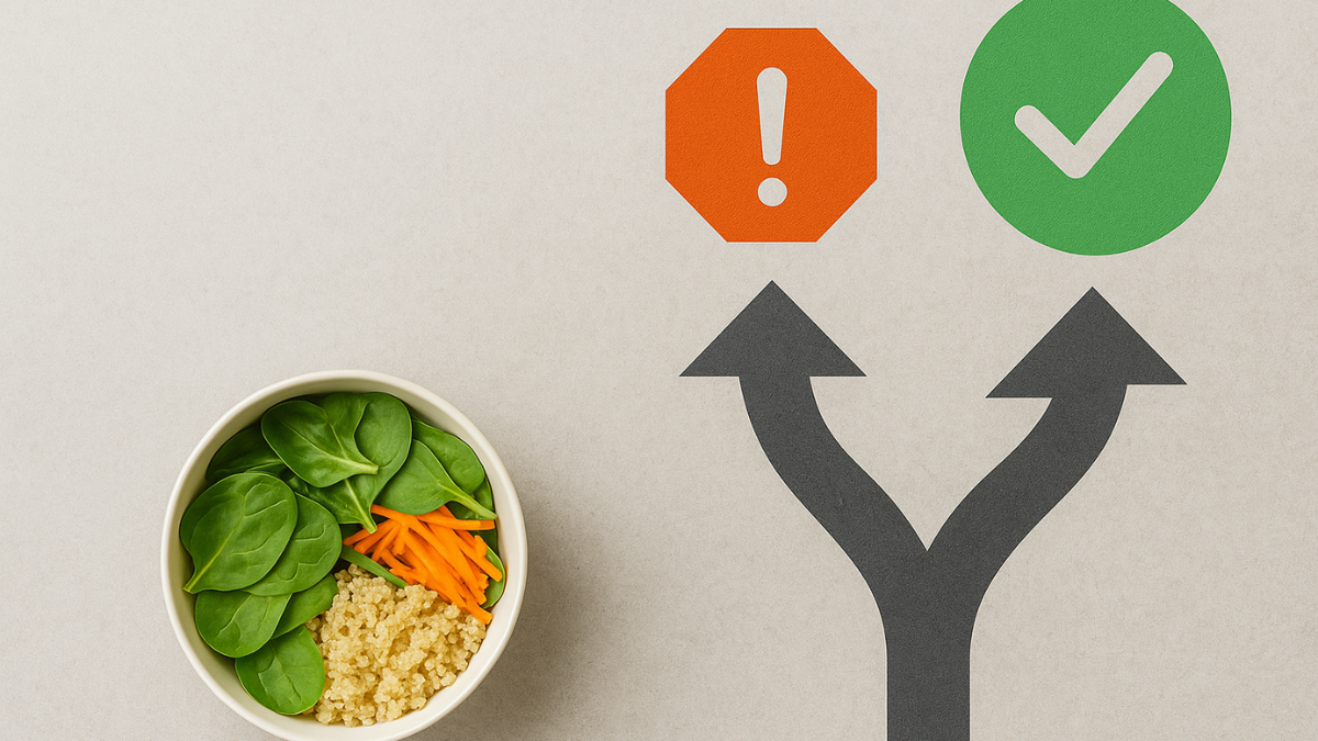 Bifurcação em formato de Y no solo com setas apontando para direções opostas, simbolizando a escolha entre hábitos saudáveis e recaídas.