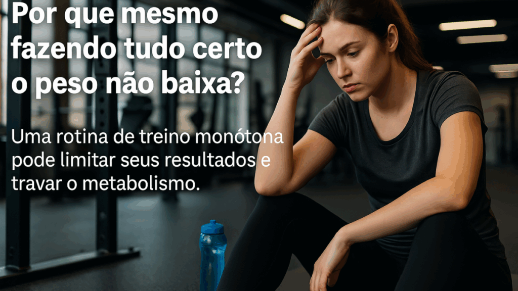 Mulher jovem de pele clara, com expressão de cansaço, sentada na cozinha, apoiando o rosto nas mãos diante de um prato quase vazio.