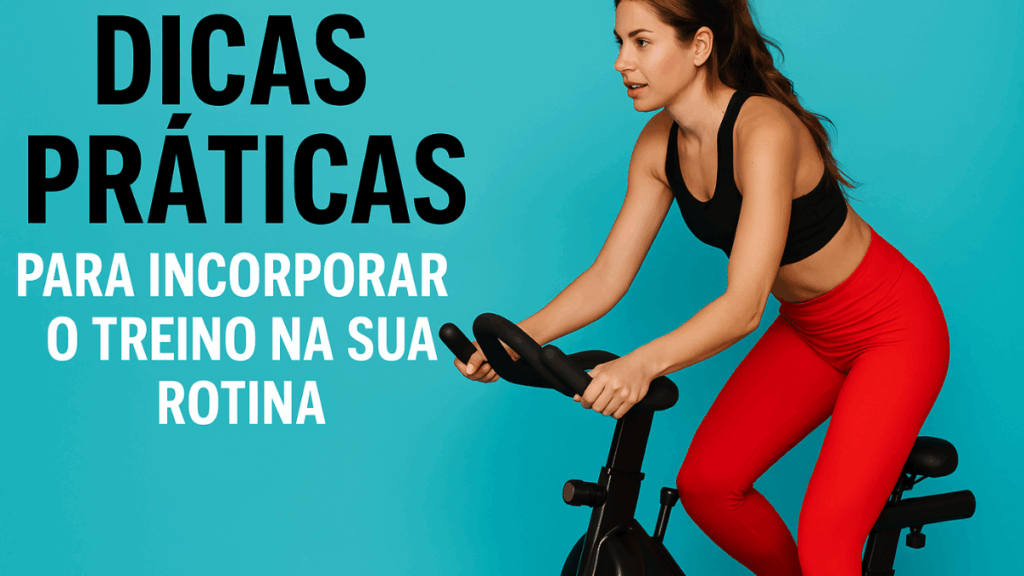 Mulher pedalando em uma bike indoor, com fundo azul vibrante, representando dicas práticas para incluir exercícios para queimar gordura na rotina.exercícios para queimar gordura