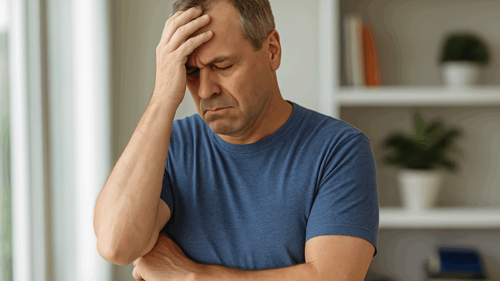 Homem de meia-idade com expressão de preocupação, encostando a mão na cabeça, refletindo sobre o motivo por que mesmo fazendo tudo certo o peso não baixa.