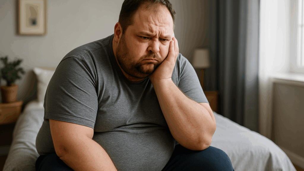 Homem com sobrepeso, sentado na cama, com expressão de preocupação, refletindo sobre o motivo oculto que impede emagrecer.