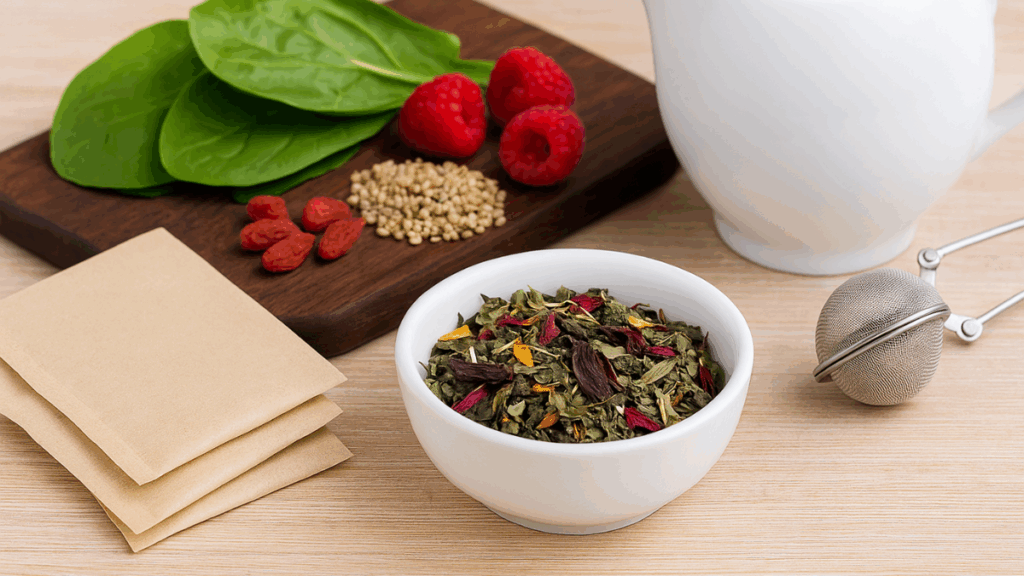 Ingredientes naturais organizados em uma bancada de madeira, usados no preparo do SlimTea 28 Dias Detox.