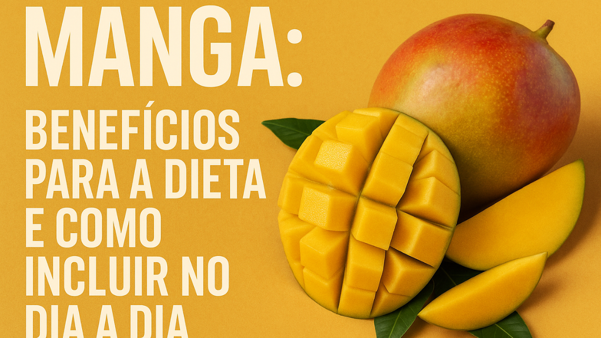 Manga fatiada sobre fundo amarelo com folhas verdes ao lado, destacando o tema de alimentação saudável.