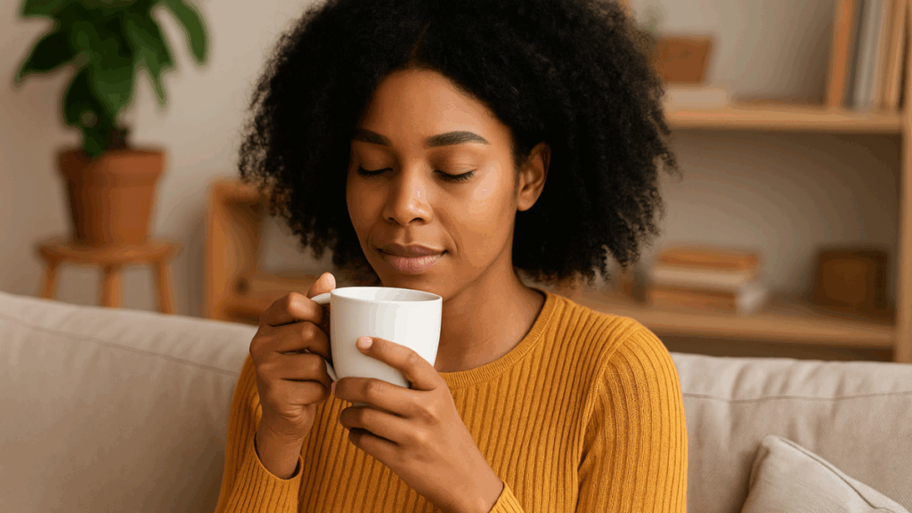 Mulher relaxando em sofá com xícara de chá em mãos, simbolizando os efeitos calmantes do SlimTea 28 Dias Detox.