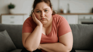 Mulher com sobrepeso, sentada no sofá, com expressão de determinação, refletindo sobre como superar o motivo oculto que impede emagrecer.