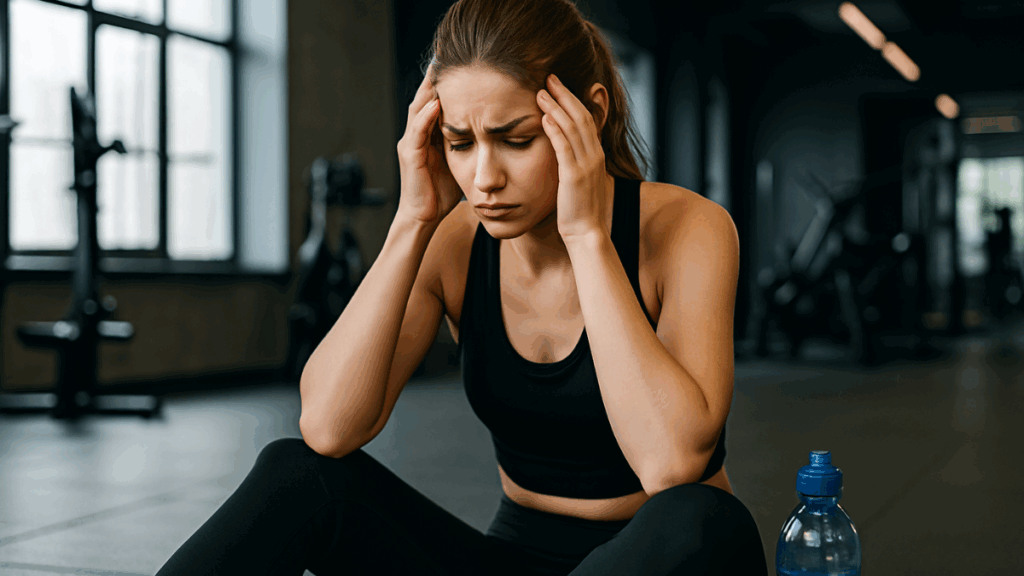 Jovem com expressão de estresse extremo, sentada no chão da academia, refletindo sobre o erro silencioso que prejudica a perda de peso.