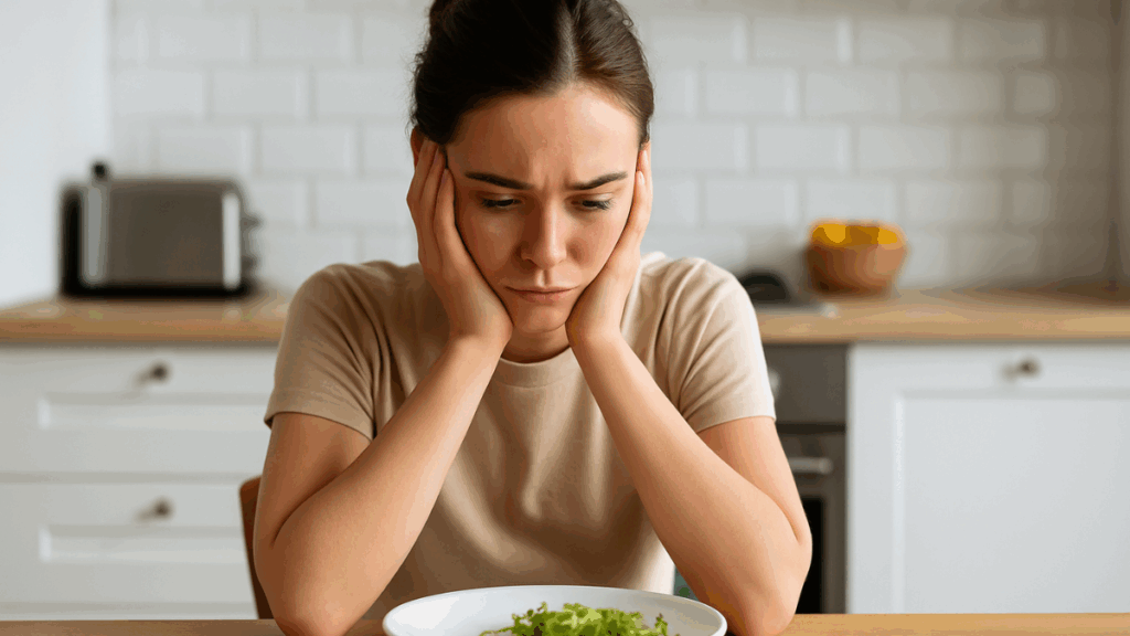 Jovem com expressão de estresse intenso, sentada na academia, refletindo sobre o motivo oculto que impede emagrecer.