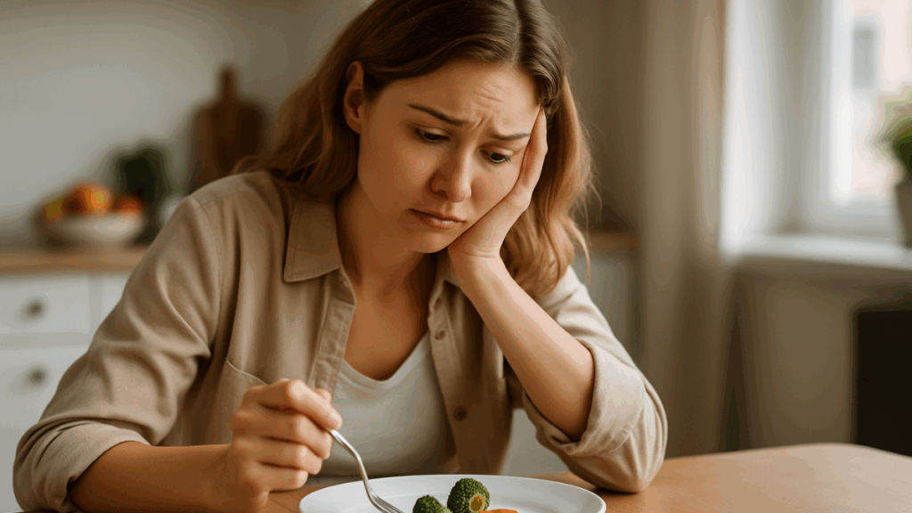 Mulher jovem, de pele clara e cabelos castanhos, com expressão de frustração ao olhar para um prato com pouca comida, refletindo sobre por que mesmo fazendo tudo certo o peso não baixa.