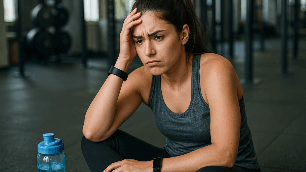 Mulher jovem de pele clara, com expressão de cansaço e desmotivação, sentada no chão da academia ao lado de uma garrafa de água.
