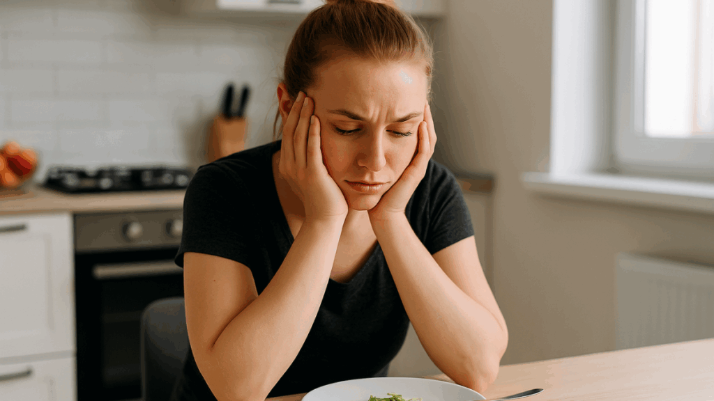 Mulher jovem de pele clara, sentada à mesa com expressão de frustração, olhando para um prato quase vazio, refletindo sobre o motivo oculto que impede emagrecer.