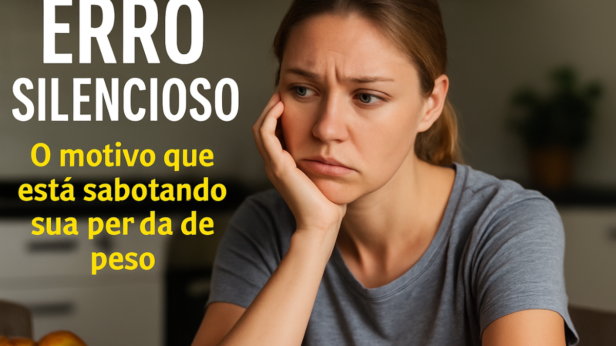 Mulher jovem de pele clara, com expressão de preocupação, apoiando o rosto na mão, refletindo sobre um erro invisível que atrapalha a perda de peso.