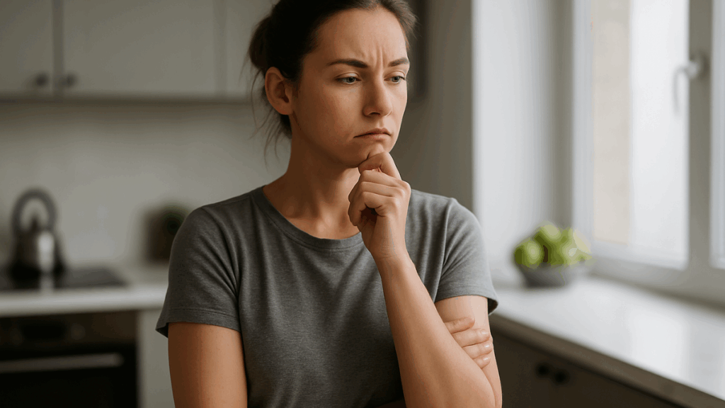 Mulher jovem refletindo sobre o erro silencioso que está bloqueando sua perda de peso, em uma cozinha moderna e bem iluminada.