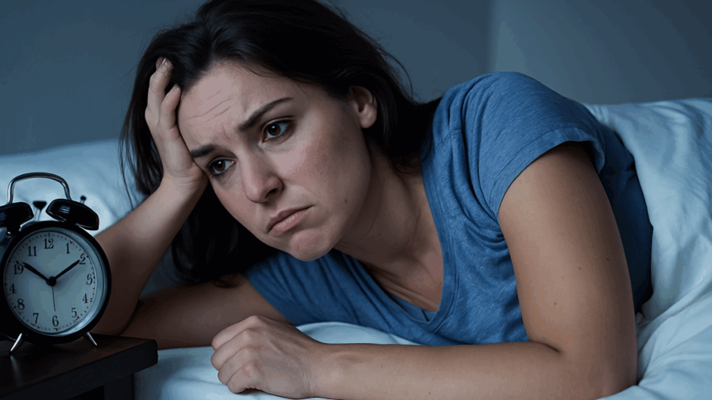 Mulher jovem, de pele clara e cabelos escuros, deitada na cama, olhando preocupada para o relógio, sem conseguir dormir e refletindo sobre por que mesmo fazendo tudo certo o peso não baixa.