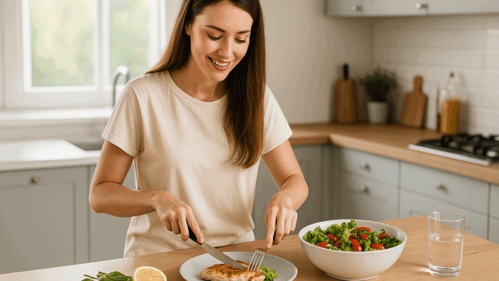 Mulher sorridente preparando refeição saudável com frango e salada.