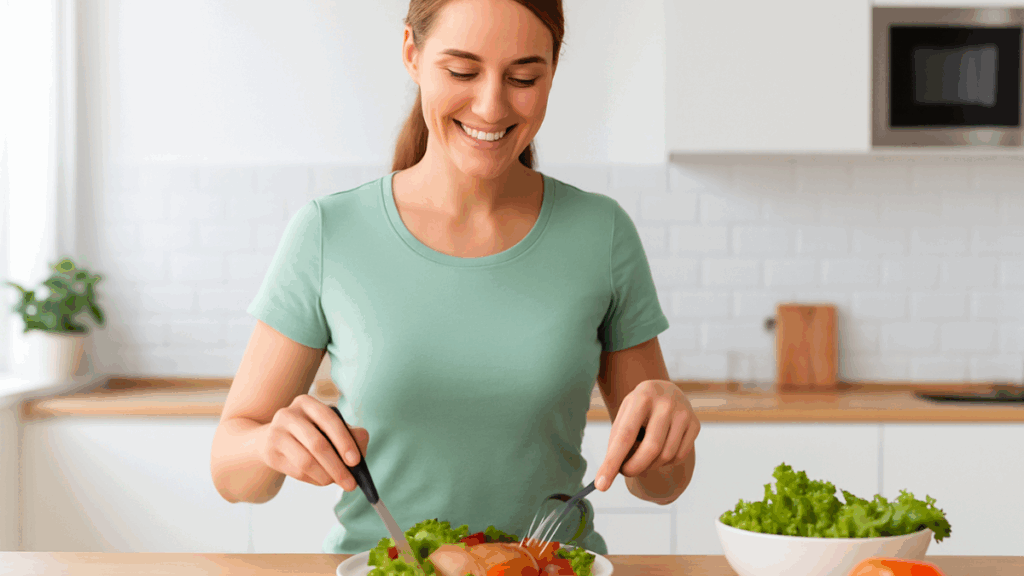 Mulher sorridente montando uma salada saudável para perda de peso.