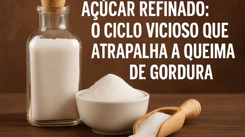 Pote de vidro com açúcar, tigela de cerâmica cheia de açúcar e colher de madeira com açúcar derramado, representando os impactos do açúcar no metabolismo.