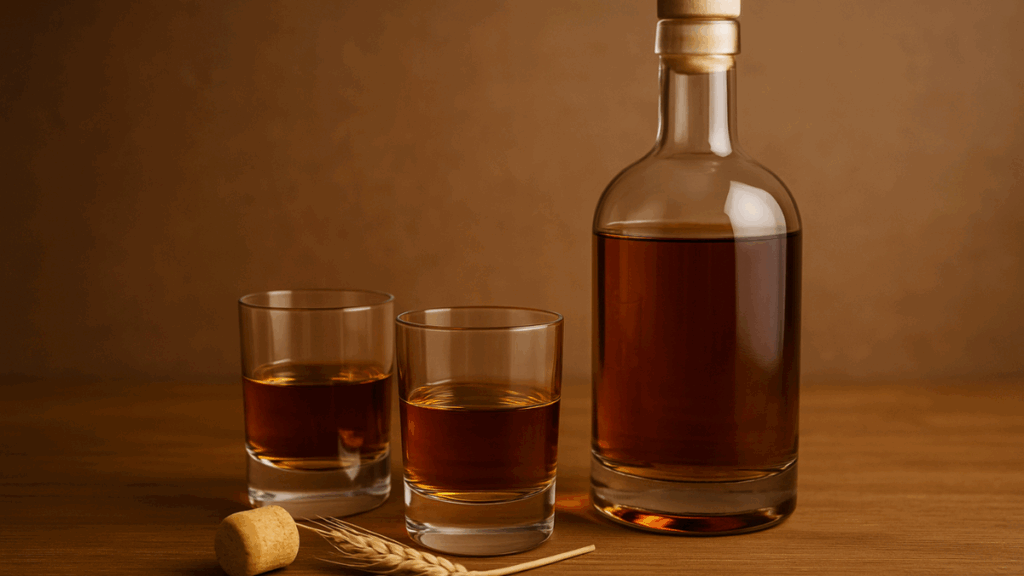 Garrafa de bebida alcoólica com dois copos de whisky sobre mesa de madeira, simbolizando o impacto negativo do álcool no metabolismo e no emagrecimento.