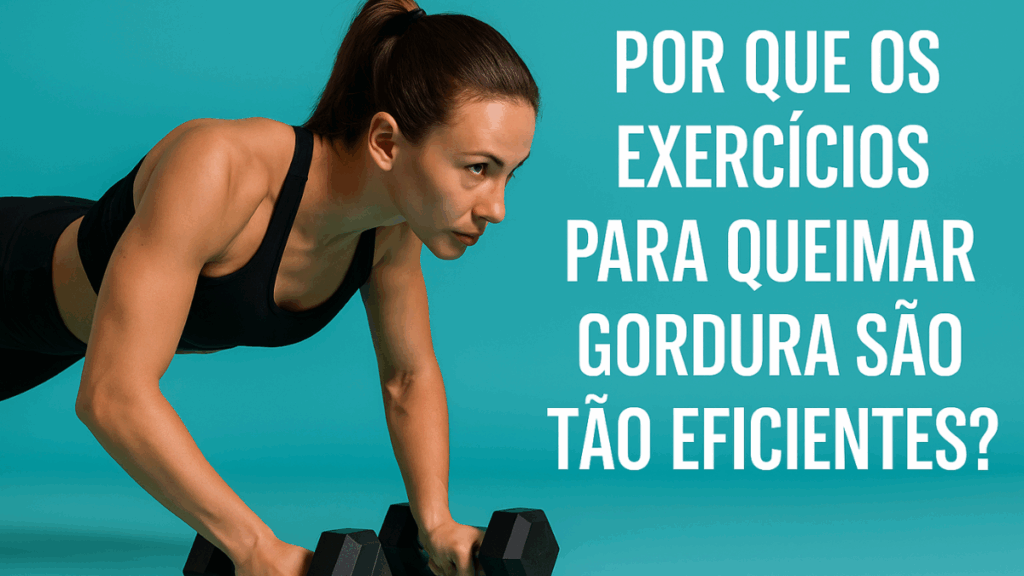 Mulher fazendo flexão com halteres, em fundo azul vibrante, demonstrando a intensidade dos exercícios para queimar gordura e seu impacto na queima calórica.