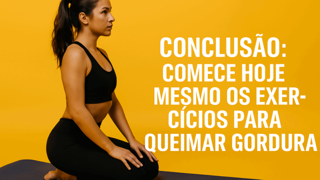 Mulher fitness ajoelhada em tapete de yoga com fundo amarelo, simbolizando o início imediato de exercícios para queimar gordura.
exercícios para queimar gordura