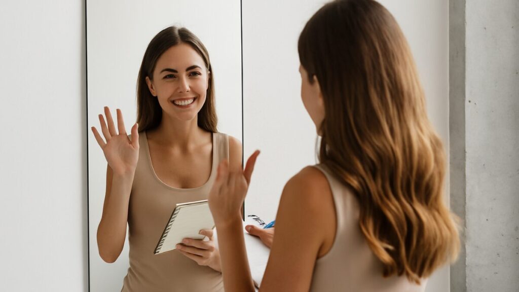 Mulher jovem de frente para o espelho sorrindo levemente com expressão serena e confiante