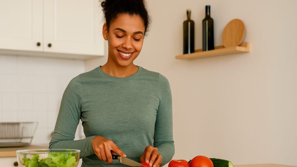 Mulher sorridente preparando uma refeição saudável na cozinha com vegetais frescos sobre a bancada