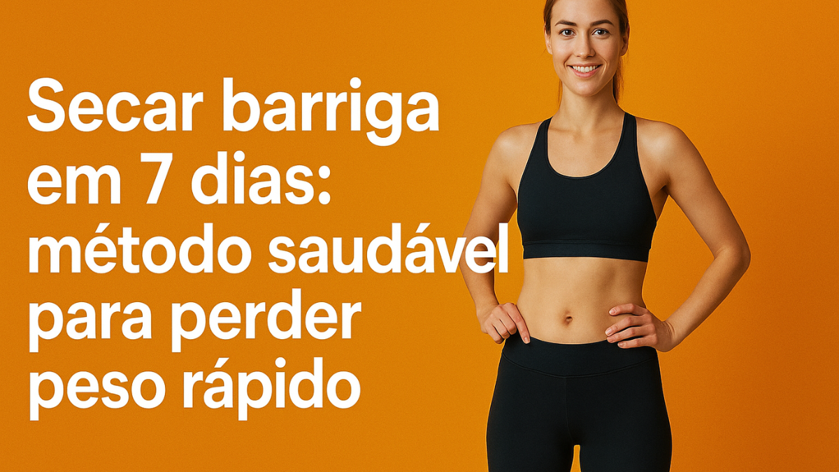 Mulher jovem, de corpo inteiro e barriga definida, vestindo roupa fitness, com sorriso no rosto, em fundo laranja com texto centralizado.