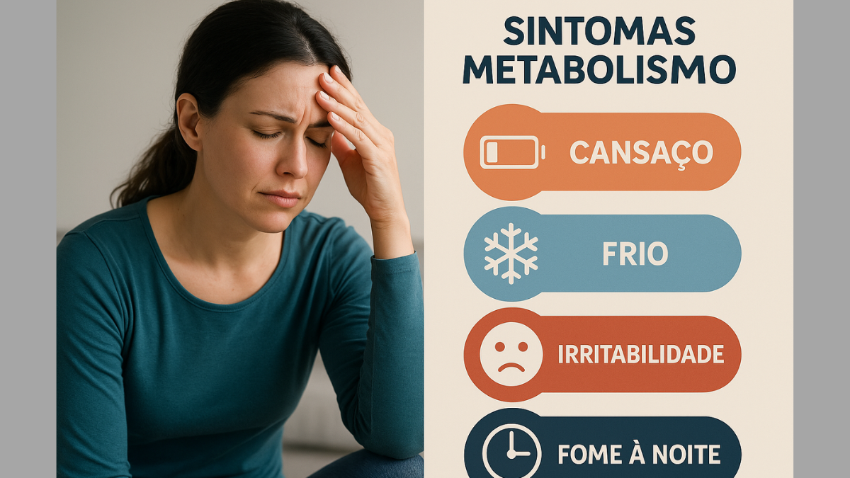 Mulher com expressão de cansaço e sintomas de metabolismo lento como frio, irritabilidade e fome noturna.