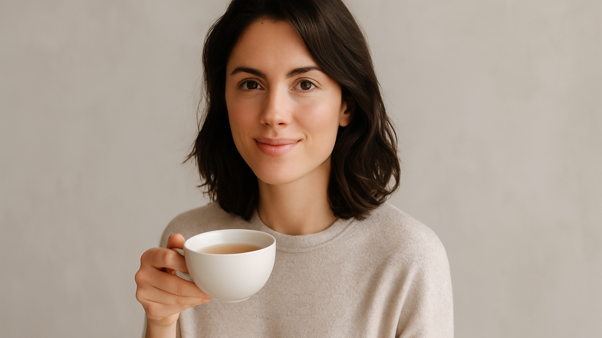 Mulher serena segurando uma xícara de chá, simbolizando os efeitos naturais do SlimTea 28 Dias Detox.