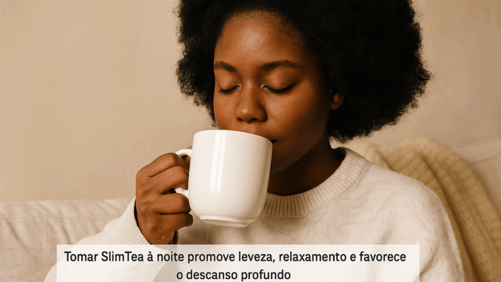 Mulher relaxando enquanto toma SlimTea, sentada em sofá, com semblante tranquilo e xícara nas mãos.