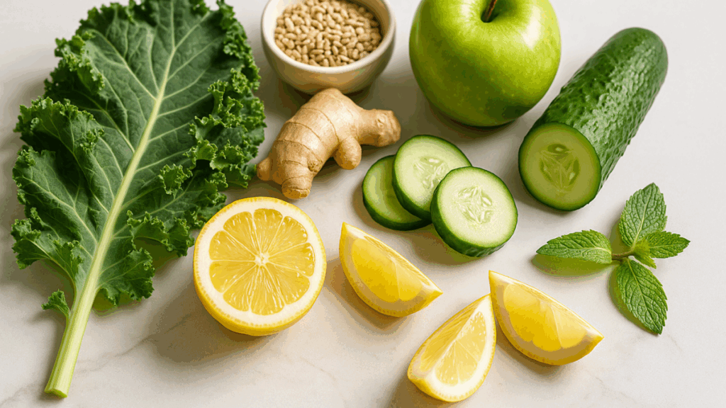  Ingredientes frescos como couve, gengibre, limão, pepino e maçã para receitas detox