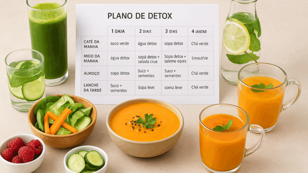 Plano de refeições detox com sucos, sopas, smoothies e chás organizados para 3 dias