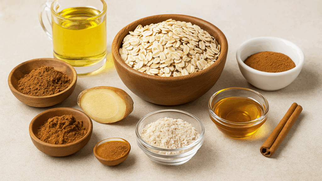  ingredientes naturais usados em receita de bolo termogênico como aveia, gengibre, cacau e canela